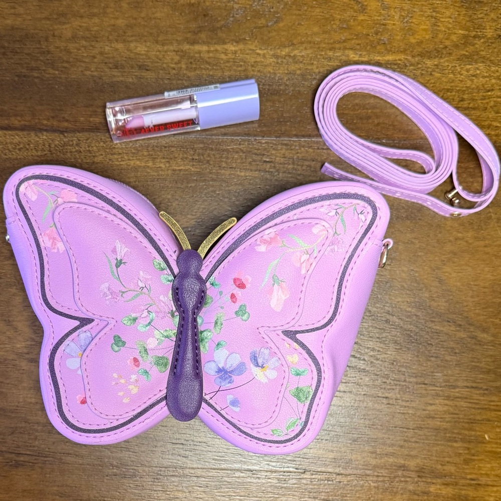 Butterfly Design Crossbody Bag with Lip Oil Gloss Bundle - Purple